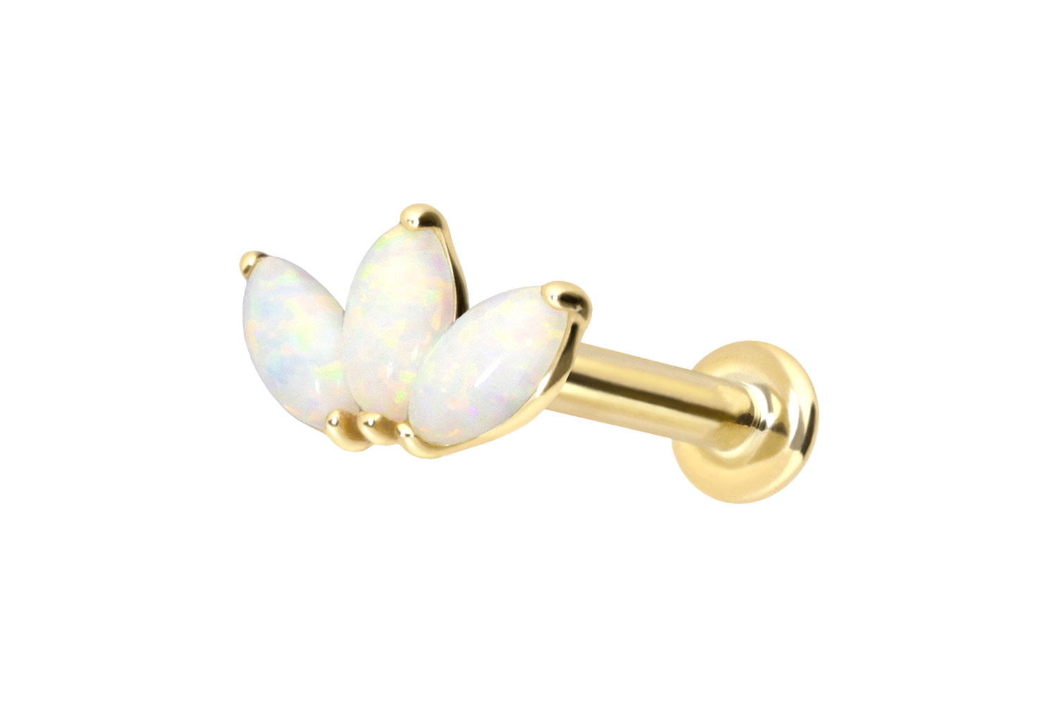 14 Karat Gold Labret Piercing mit Innengewinde LOTUSBLÜTE + SYNTHETISCHE OPALE